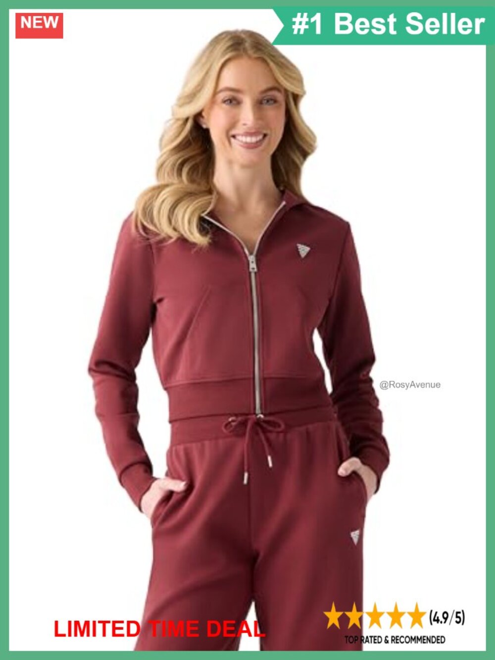 GUESS Kora Full Zip Hoodie Cropped Double Knit Athleisure